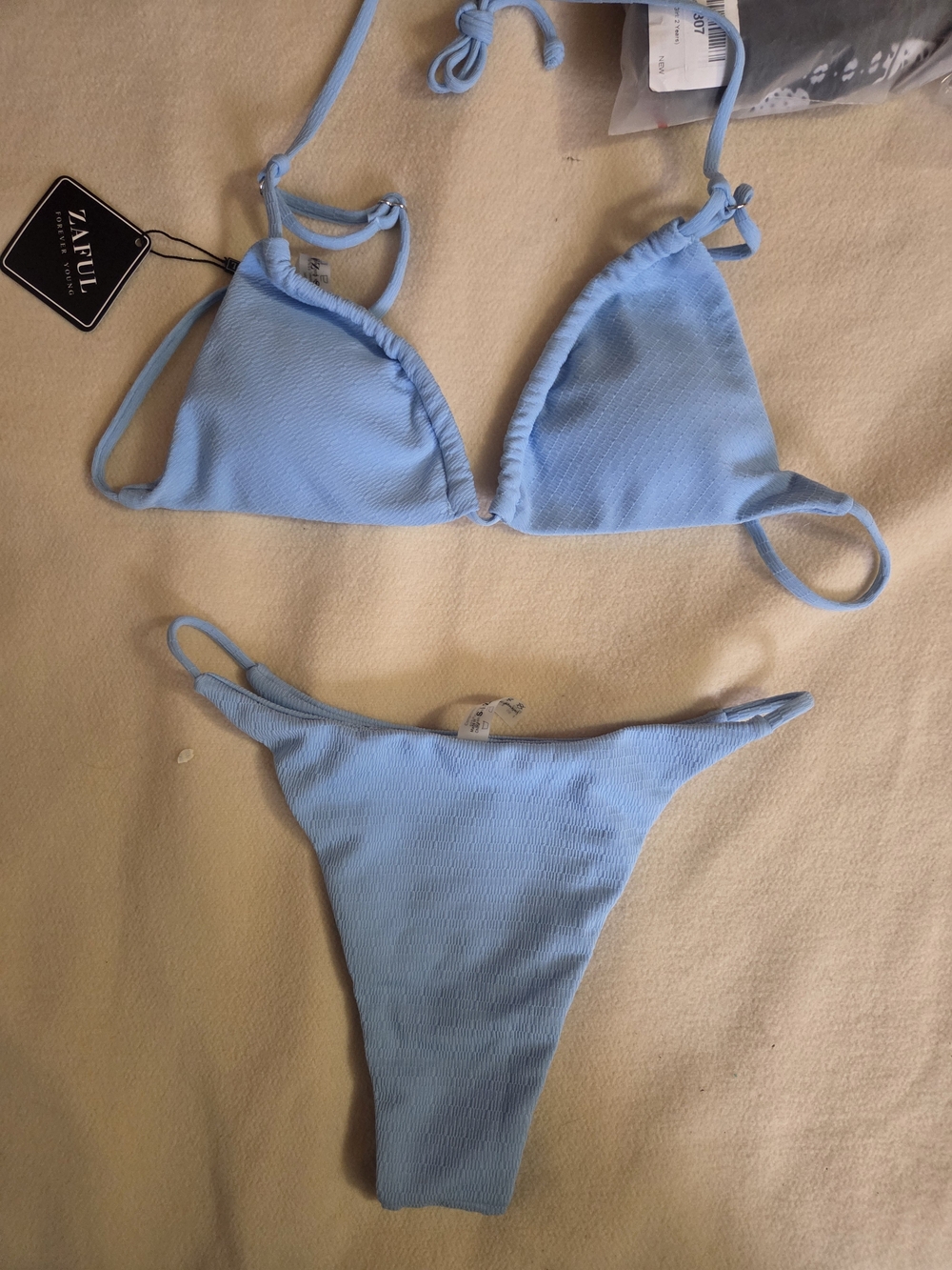 Zaful Light Blue Ribbed Triangle Bikini Set